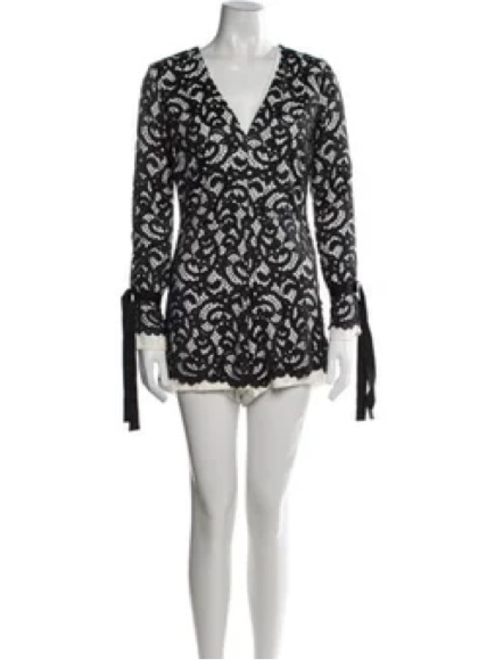 Black Lace Long-Sleeve V-Neck Dress with Cream Lining